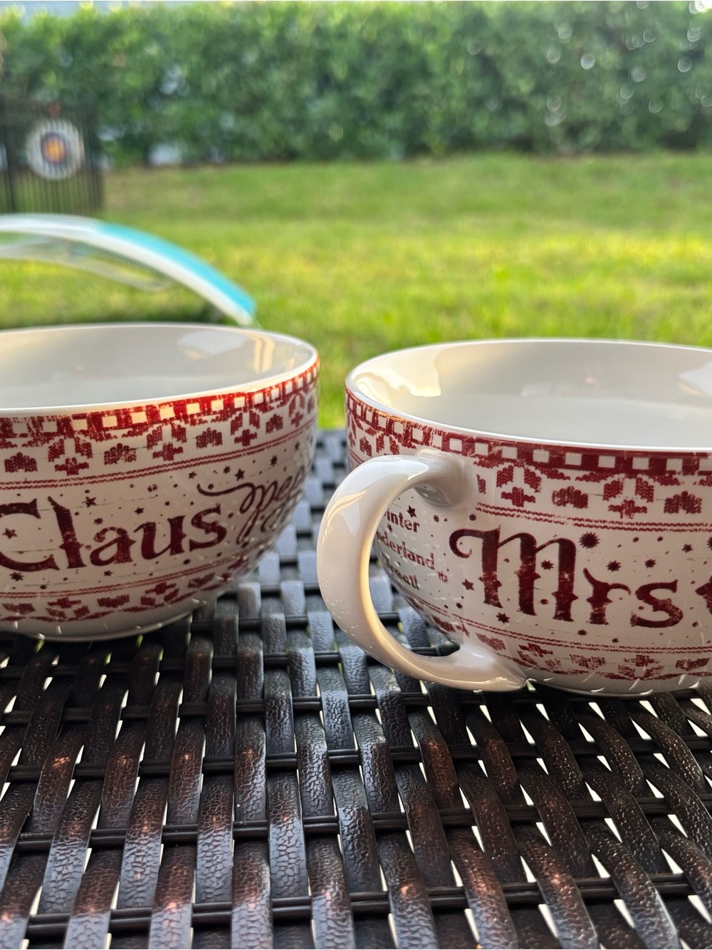 Pier 1 vintage Red and White 'Mrs. Claus' Holiday Ceramic Mugs set of 2